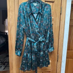 Elegant Teal Floral Long Sleeve Dress
